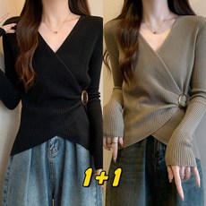 SELEAD 1+1 여성 봄가을 날씬해 보이는 V넥 디자인 빅사이즈 트임 여성브이넥티셔츠