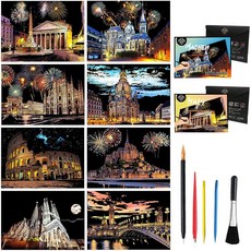 Toulideifaria 8장 스크래치 아트 31.8 x 21.6cm(12.5 x 8.8인치) 무지개 스크래치 페이퍼 스크래치 아트 컬러링 북 포일 아트 성인용 예술 및 공예, 유럽 풍경