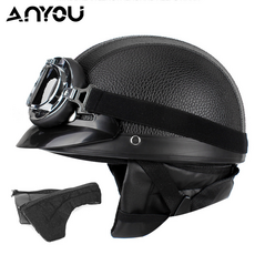 ANYOU 빈티지 고글 모자 안전모 전기자전거 모자 오토바이 헬멧 전동 킥보드 헬멧, 블랙