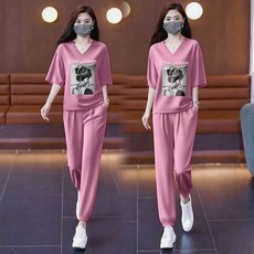 AREVI 여름 여자 트레이닝복 세트 빅 사이즈 루즈핏 브이넥 레저 7부 반팔 바지 세트