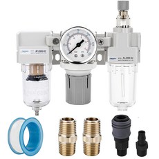 NANPU 14 NPT 공기 필터 레귤레이터 및 윤활유FRL 콤보 - 물오일 트랩 분리기 압력 게이지0-150 psi 5 마이크론 황동 요소 반자동 배수구 폴리 볼 금속 브래킷, 1/4" NPT