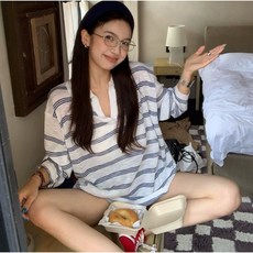 City Boy長袖t恤 薄款純棉打底衫 韓系條紋寬鬆潮流上衣 男女不拘