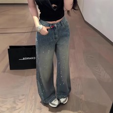 해피유통 여성 봄 가을 빈티지 하이웨스트 와이드핏 진 바지 스팽글 장식 데님 팬츠