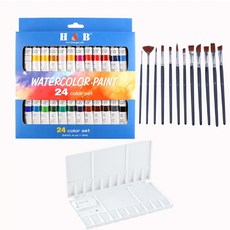 HB 문화사 전문가용 24색 대용량 수채화 12ml 물감 + 다용도 붓12종 + 팔레트 세트 37종구성, 1개