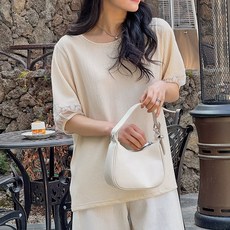 로로텐 링클 레이스 배색 퍼프 반팔 블라우스 라운드넥 여성 빅사이즈