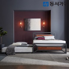 동서가구 아이언 모던 스틸 멀바우/편백나무 2단 슬라이딩 패밀리침대 Q+Q (9존매트) DF640070, 편백 아이보리