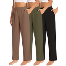 JULGIRL 3팩 여성용 라운지 팬츠 주머니가 있는 와이드 레그 스웨트팬츠 신축성 허리 요가 캐주얼 루즈 조거 블랙 아미 그린 커피 M 119697