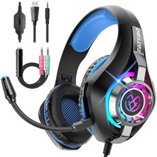 Tatybo Ps4 Ps5 XBOX 엑스박스 One 스위치 PC용 게이밍 헤드셋 노이즈 캔슬링 마이크 딥 베이스 스테레오 사운드 블랙 레드 238395, 블랙 블루