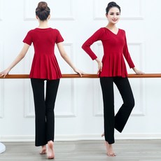 여성 현대무용 라인 댄스상의 에어로빅 방송 사교 댄스복 연습복, XL, 버건디 긴팔