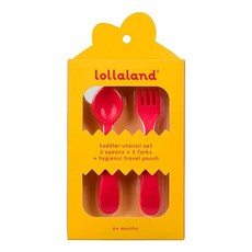 Lollaland 5피스 플라스틱 유아용 실버웨어 스푼 및 포크 식기 세트 - 재사용 가능한 유아용 커틀러리 위생 여행용 파우치 포함 (핑크), 레드