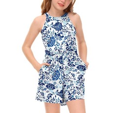 BesserBay 여아용 여름 패션 홀터넥 신축성 있는 허리 롬퍼 화이트 블루 꽃무늬 민소매 점프수트 사이드 포켓 5~6세