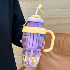 대용량 플라스틱 물병 귀여운 컵 빨대 스포츠 여름 누출 방지 1300ml, 01 Purple