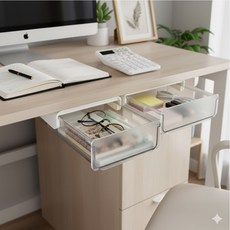 자주담 부착식 책상 서랍 1+1, 1단, 화이트 투명