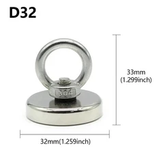 초강력 네오디뮴 낚시 자석 N52 헤비 듀티 희토류 카운터싱크 홀 아이볼트 인양 D16 ~ D42mm, 03 D32(PUll max 32KG)