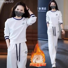 休閒運動套裝女2024春秋新款韓版圓領寬鬆加絨加厚衛衣時尚兩件套