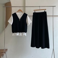 미즈큐즈 / SET 레이어드 집업조끼 반팔티 밴딩 롱스커트 세트