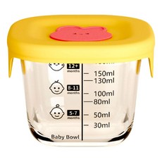 寶寶副食品分裝盒 玻璃保鮮盒 附刻度 可愛造型 密封防漏 可微波加熱, 【方形】黃色紅臉, 1個, 180ml
