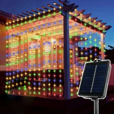 3×3M 태양 커튼 라이트 야외 요정 갈 랜드 문자열 조명 마당 파빌리온 웨딩 파티 휴일 장식, 03 Warm lights, 02 Solar-6MX3M-600LEDS, 1개