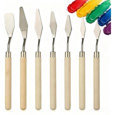 7피스 팔레트 나이프 스테인리스 스틸 칼날 유화용 나무 손잡이 아크릴 및 유화 혼합 긁기 질감 표현 임파스토 캔버스 작업에 이상적이며 아티스트용 천연 목재 색상, 1세트