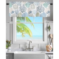 [ 1133591 ] 창문용 주방 밸런스 블루 오션 쉘 코랄 밸런스 커튼봉 포켓 소라 불가사리 해양생물 짧은 커튼 창문 토퍼 침실 욕실 거실용 137.2 x 45.7cm(5