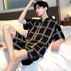 男士條紋格子睡衣短袖短褲套裝，夏季薄款開衫寬鬆休閒家居服