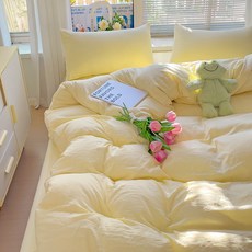 1급 믹스매치 단색 워시드 면 4종 세트 초부드러운 구름 면 기숙사 3종 세트 4종 세트, A형 - 노란색, 0.9m 침대 시트 3종 세트(이불커버 1.5x2m)