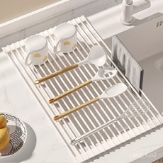 硅膠瀝水捲簾 可折疊碗盤置物架 洗碗池水槽折疊廚房收納專用, 象牙白,43x33, 1個