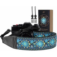 파드와 라이프스타일 카메라 스트랩 사진작가 2인치 풀 그레인 가죽 엔드 빈티지 자수 코튼 위브 소프트 스웨이드 패브릭 패딩 모든 카메라에 적합, Blue Flower Woven, 2 inch Wide / Adjustable 41~56, 1개