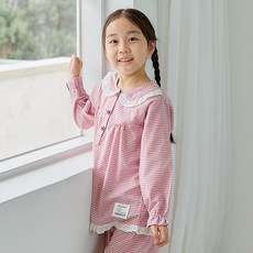 wonderful life 童款純棉荷葉領格紋長袖睡衣套裝 粉色