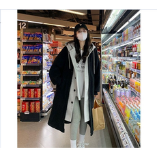 梨卡 女款長版連帽羊羔毛外套 寬鬆舒適秋冬穿搭 黑色