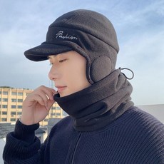 니트 방한모자 남녀공용 모자 보온 머플러 일체형 꽈배기, 1개, 37051-블랙