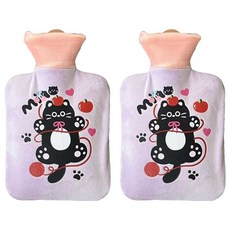 StarR 검은 고양이 일러스트 패브릭 보온 물주머니 퍼플 500ml, 2개