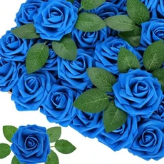 인조 장미 10개 센터피스 포함 웨딩 25개 부케 줄기, 25PCS, Deep blue(No leaf)