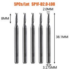 드리아니크 5개/세트 싱글 플루트 스파이럴 엔드밀 CNC 3D 광고 조각용 1 비트 목재 아크릴 알루미늄 플라스틱 절단용, CHINA, 06 5PC-SP1F-D2.0-L08