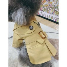 포아틀리에 소형 중형견 영국풍 체크 트렌치 코트 자수 포인트 데일리 외출 반려견 패션 옷, 1개, 카키색