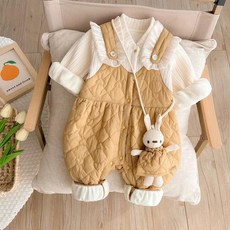 겨울옷 귀여운 곰돌이 아우터 외출용 따뜻한 겨울용, 90 15개월12kg, 1개, 옐로우 가짜 멜빵 이중층 인형포함