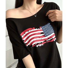 비토샵 여성용 3가지연출 성조기 오프숄더 루즈핏 원숄더 입술넥 반팔티 바이오가공 프리미엄 원단