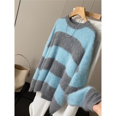 스트라이프 울 혼방 양모 니트 소프트 스웨터, 블루