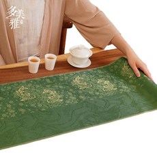 多美雅 茶席 中式禪意茶桌墊布 防水桌旗 茶室茶臺長條茶旗, 年年有餘 - 綠 - 桌旗, 1個, 坐墊40*40cm