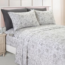 우아한 편안함 아멜리아 페이즐리 인쇄 6피스 시트 세트 딥 포켓 1500 프리미엄 호텔 품질 퇴색 및 주름 방지 스마트 포켓이 장착된 시트 킹 코랄, 애쉬 그레이