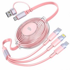 3-in-1 접이식 멀티 충전 케이블 100W 고속 USB-C/A to 라이트닝/USB-C/마이크로 USB 아이폰 16 15 14 프로 맥스 삼성 갤럭시 킨들 여러, 핑크
