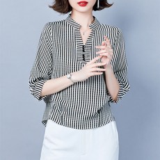 하늘비즈 블라우스 새틴 쉬폰 스트라이프 7부소매 루즈핏 배가려움 중년여성 여름