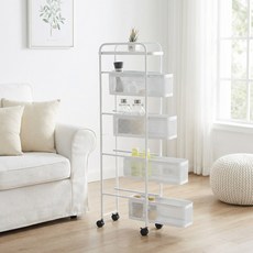 리빙코아 이동식 철제 틈새 슬라이드 트롤리 수납 선반 다용도, 화이트, 4단