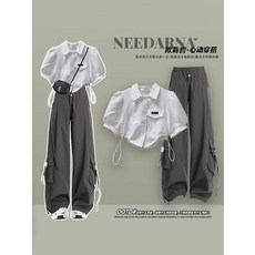 酷颯風工裝褲套裝女夏季新款多巴胺襯衫鹽系穿搭兩件套