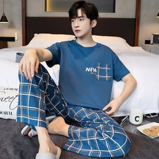 BAJAOEY 남성 잠옷 여름 루즈핏 반팔 긴바지 체크 파자마 세트 홈웨어