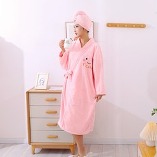 女士浴袍珊瑚絨長袖加厚居家浴巾可綁帶浴裙兩件式套裝幹發帽沐浴後適用 #黃眼睛灰色 #(長袖綁帶浴袍+毛巾)兩件組, (長袖綁帶浴袍+毛巾)兩件組