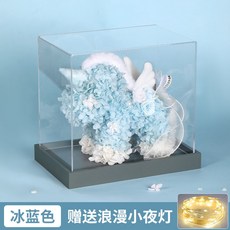 永生花獨角獸亞克力展示盒, 冰藍色真花獨角獸（送小夜燈）