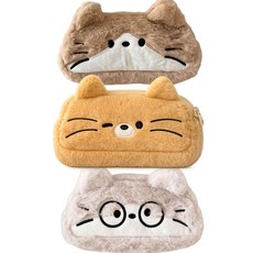 큐트캣 부드러운 고양이 캐릭터 자수 인형 필통 빅사이즈 파우치, 1개, 연브라운 고양이