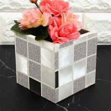 신라Pick 체크무늬 조화 화분 미니조화화분, 브라운 - 소