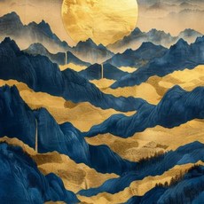 풍경화 블루 마운틴 나무 숲 소나무 사원 금빛 태양 포스터 캔버스 그림 인쇄, 2. 9